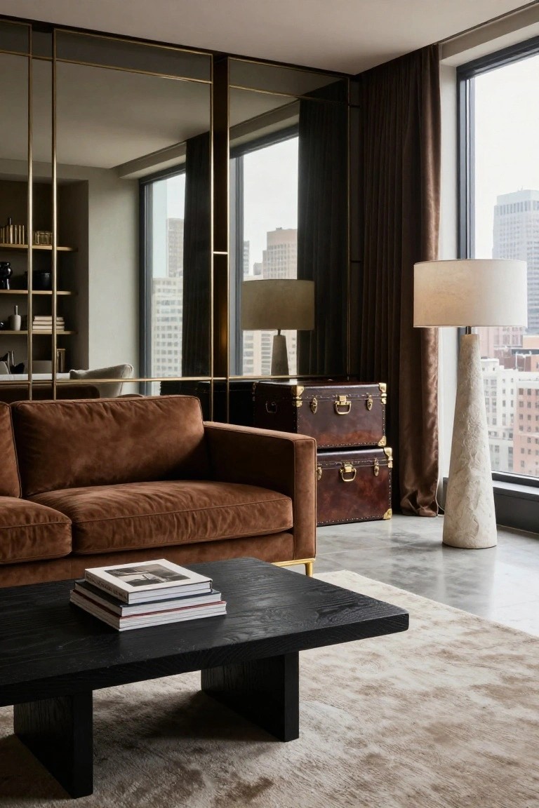 Modern living room with brown velvet L-shaped sofa, two stacked brown leather trunks beside it as side table, low black wood coffee table holding stacked books, brass-framed wardrobe mirrors, tall textured floor lamp, and large windows showing city skyline.