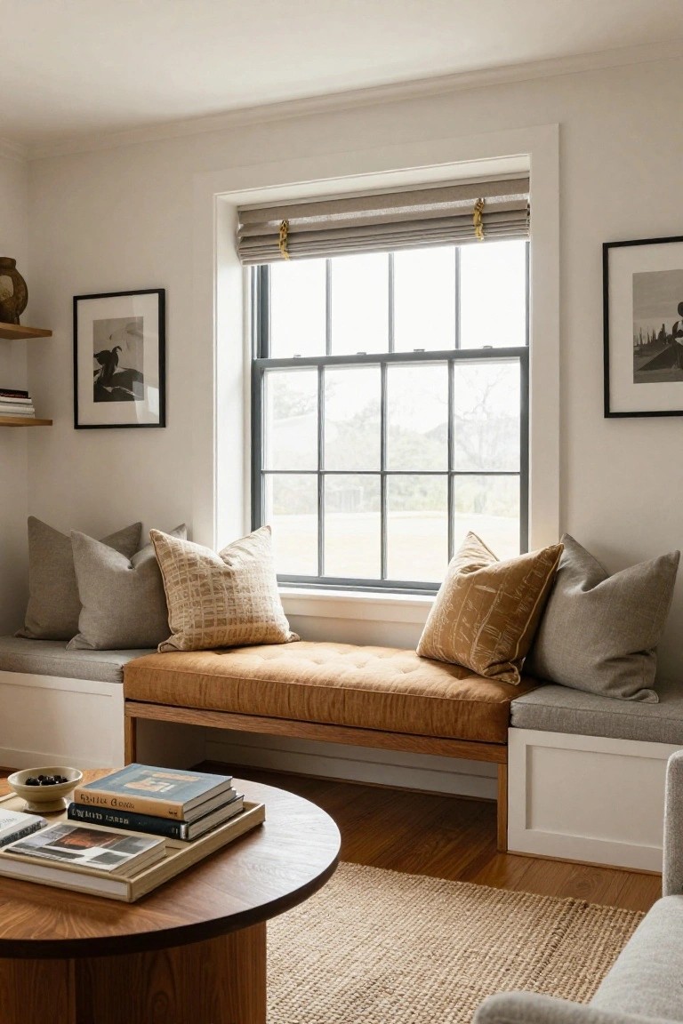 Living room corner with built-in window bench in warm tan upholstery, gray and patterned pillows, wooden legs, round wood coffee table holding books and a bowl, large window with gray blinds overlooking outdoors.