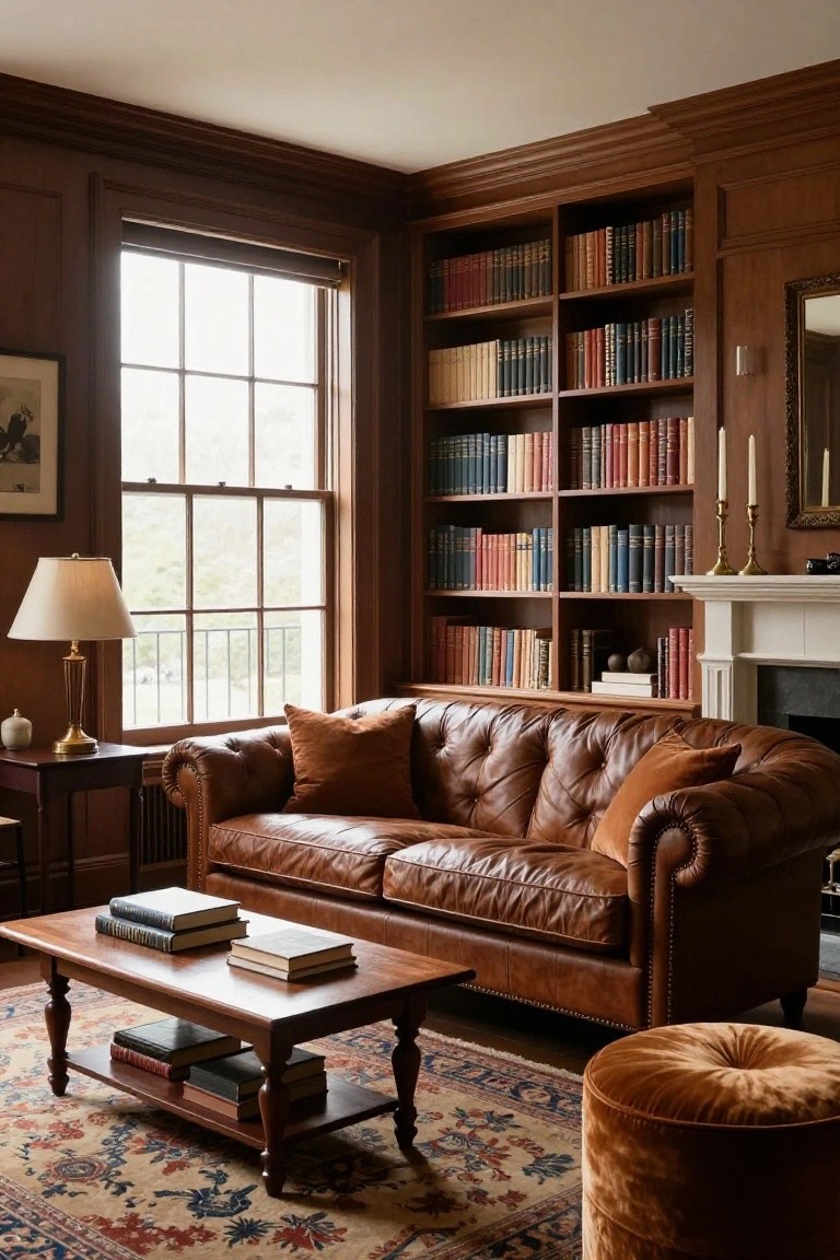 Cozy library with brown leather sofa, bookshelves, fireplace, and wooden coffee table.