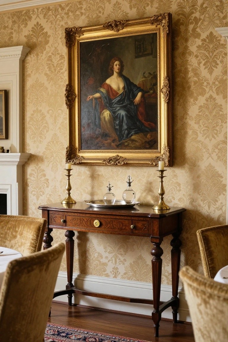 Elegant portrait above ornate wooden console with glass decanters and candlesticks.