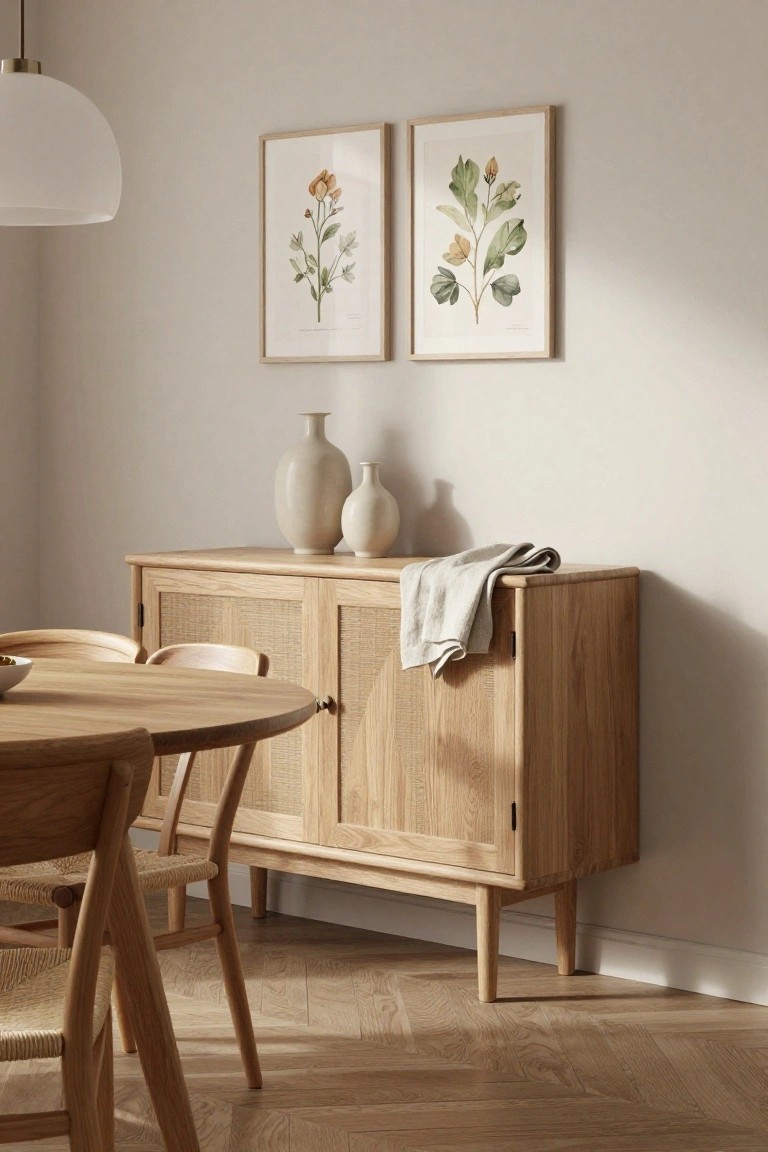A light oak sideboard with woven cane doors holds two ceramic vases and a folded cloth in a dining room with a round wooden table and chairs nearby.