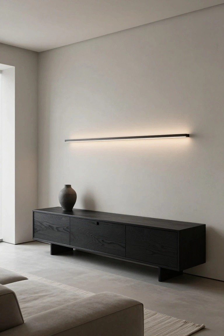 Minimalist black floating console with linear wall light and ceramic vase.