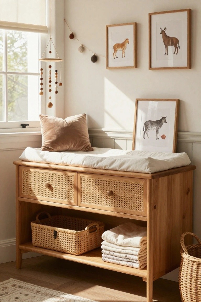Wooden changing table with woven drawers, baskets, animal art, and sunlight.