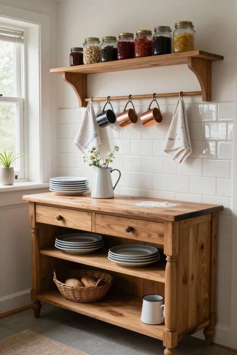 A wooden sideboard with drawers and open shelves holding stacked plates and a wicker basket, positioned below a wall shelf with glass jars and hanging copper mugs against a white tile backsplash.