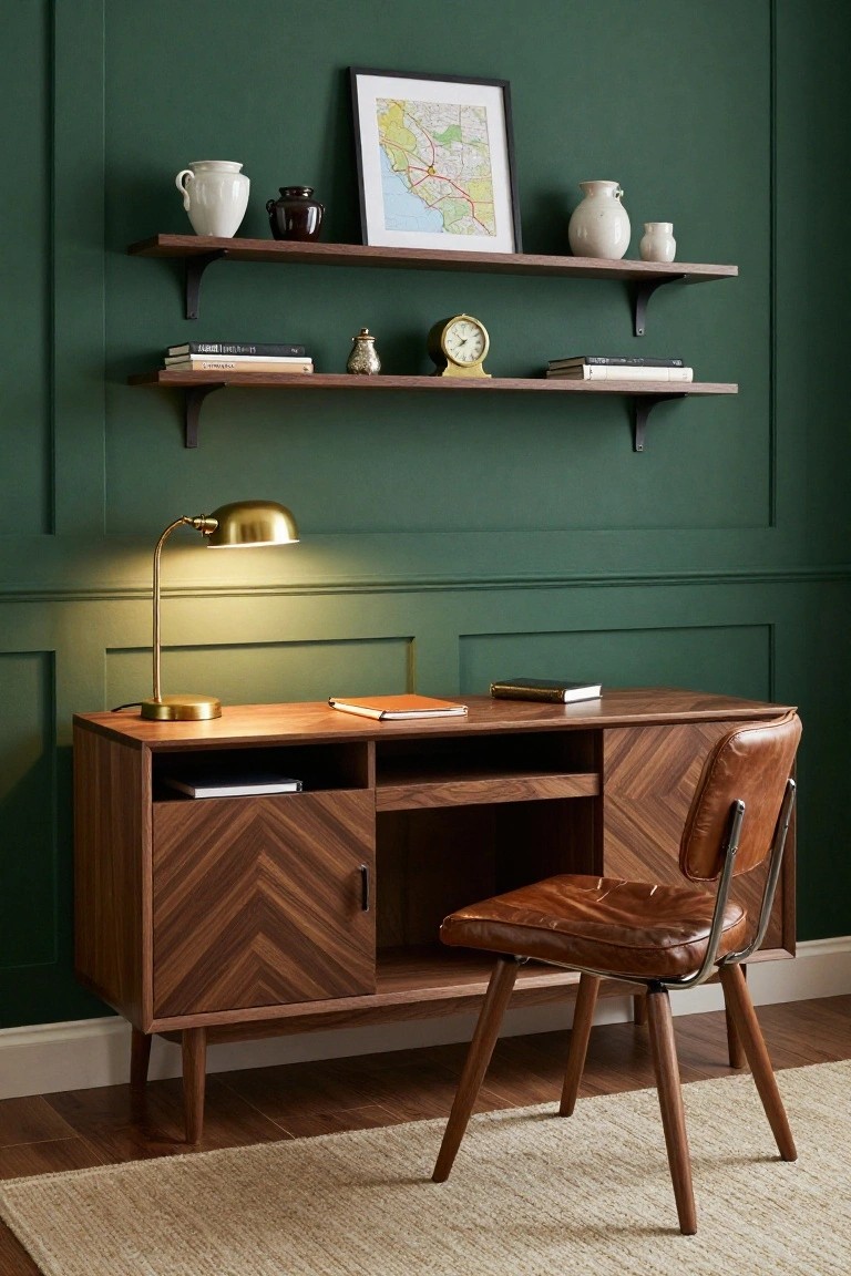 A wooden sideboard with chevron doors serves as a desk against a dark green wall, with a brown leather chair and floating shelves holding books and vases above it.