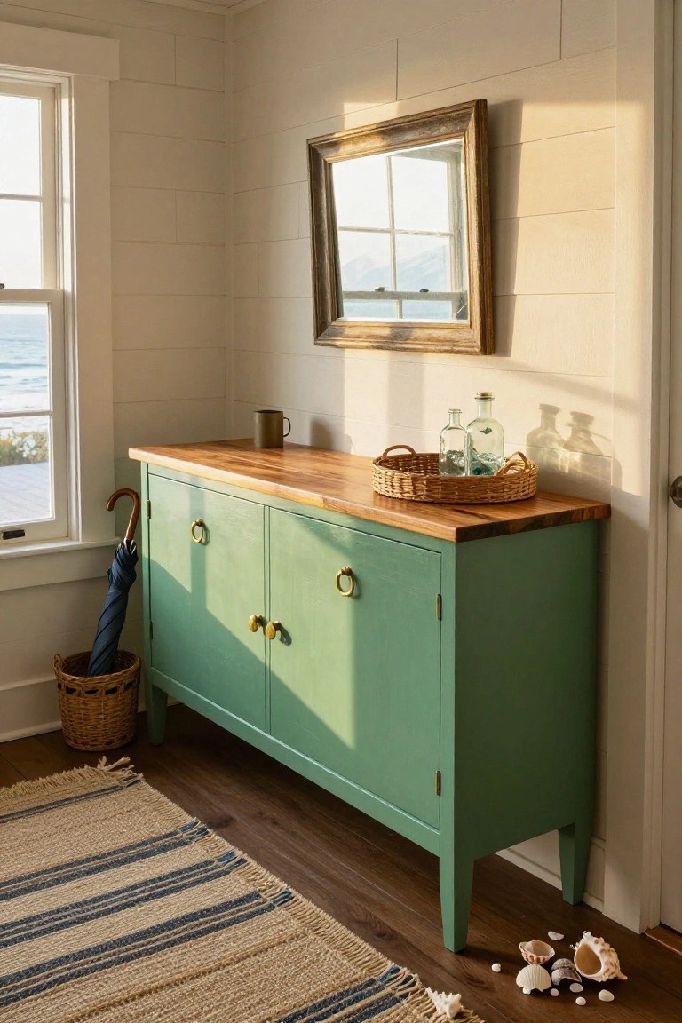 A green painted sideboard with a wooden top stands against a white wall beneath a window and mirror.