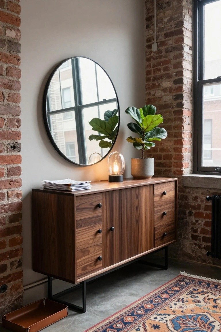 A dark wood sideboard with black handles sits below a round mirror, topped with a lamp, plant, and stack of papers.