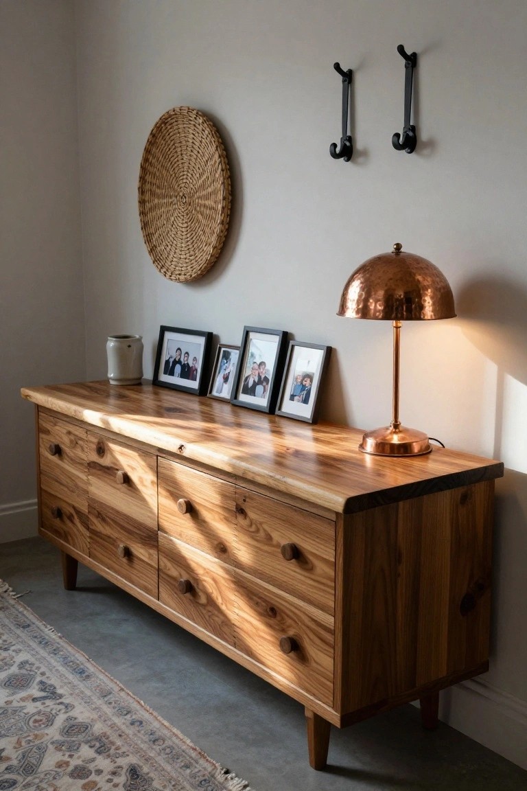 A long wooden sideboard with six drawers stands against a plain wall, topped with framed photos and a copper lamp, with a woven basket hanging above.