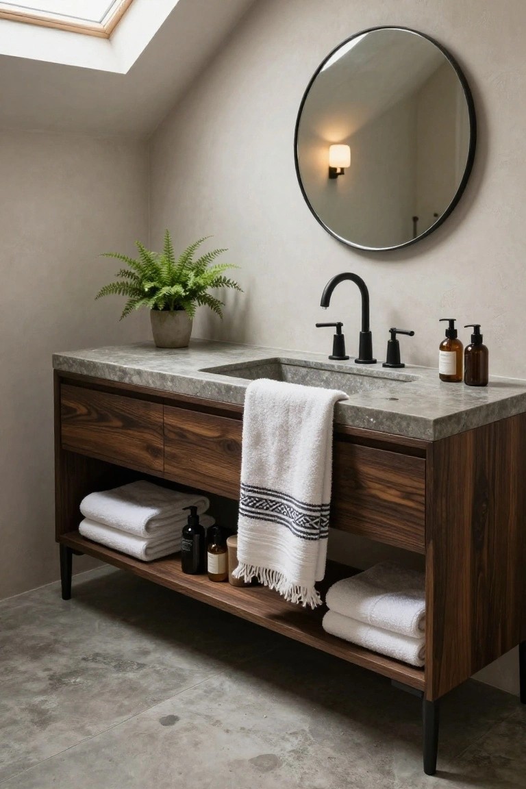 A dark wood bathroom vanity with gray stone top, black faucet, round mirror, and open lower shelf holding folded white towels.