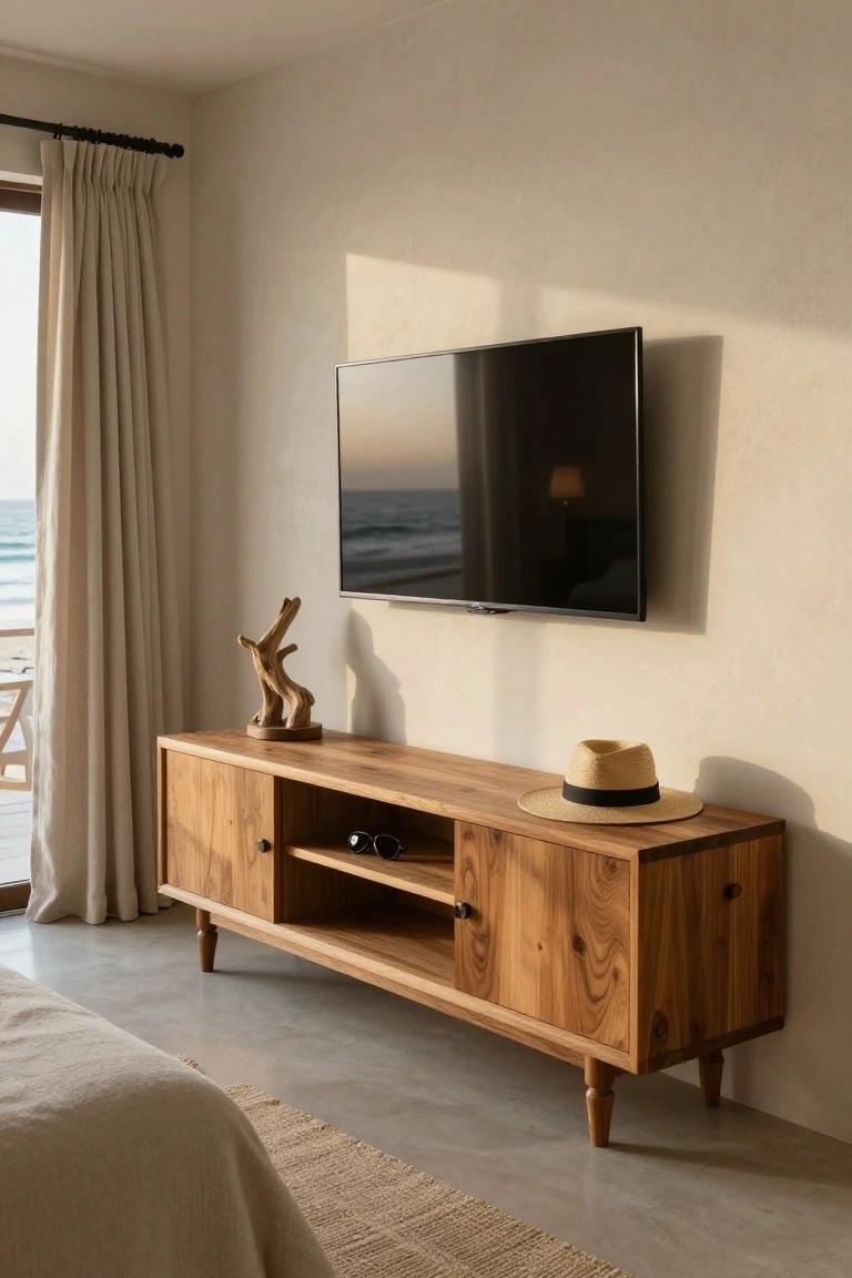 A light wood sideboard with two cabinets and open center shelves holds a wall-mounted flat screen TV in a bedroom with beige walls and a view to the sea.