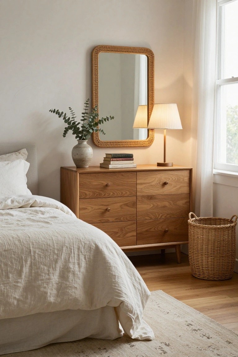 A light wood sideboard with six drawers sits beside a bed with white linens, holding a vase with greenery, stacked books, and a table lamp, with a woven mirror above it.