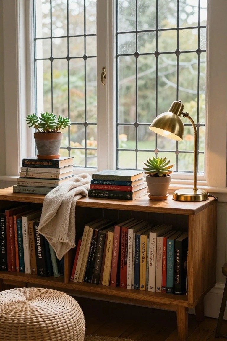 A wooden sideboard beneath a multi-paned window holds stacked books, two potted succulents, a brass desk lamp, and a folded throw, with a woven pouf in the foreground.