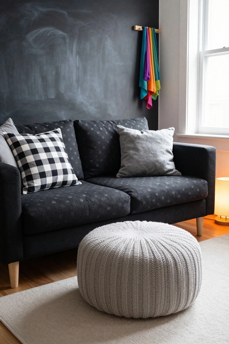 Black dotted sofa with black-and-white checkered pillows, gray pillows, and a white knit pouf ottoman in a living room featuring a dark chalkboard wall, hanging colorful scarves, a window, and a floor lamp.