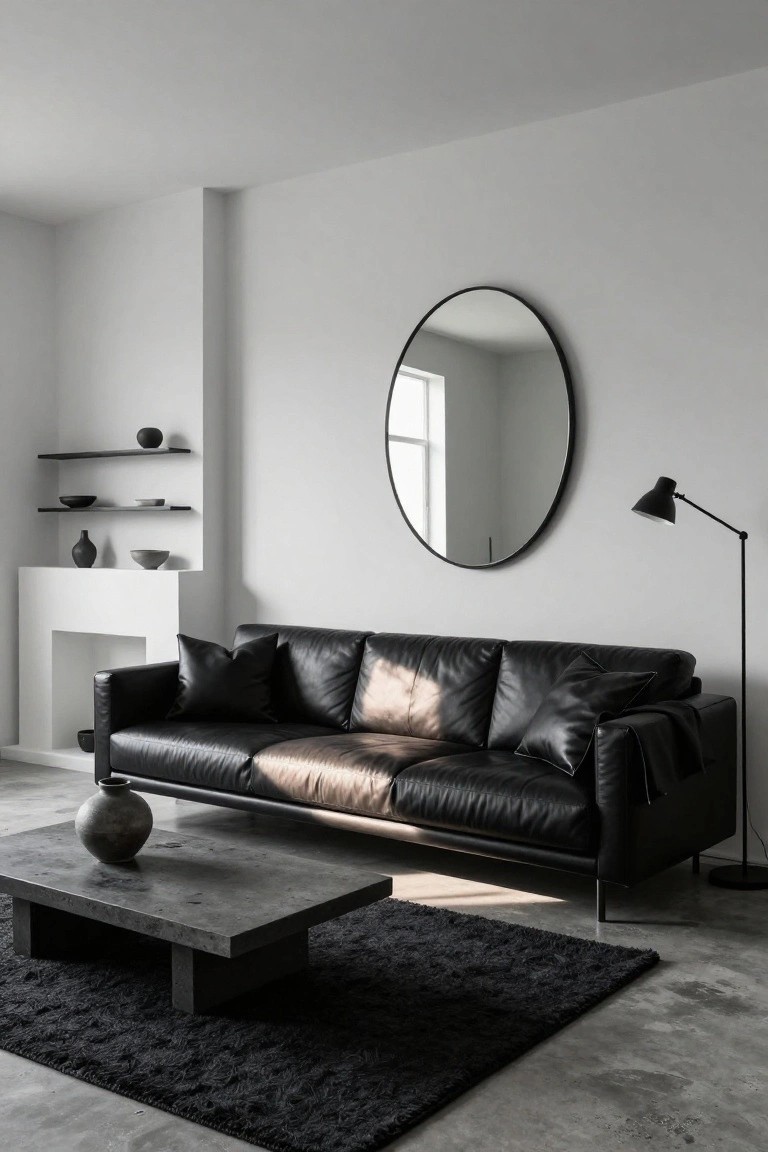 A minimalist living room with white walls and polished concrete floor, featuring a black leather sofa with matching black leather pillows, a low rectangular concrete coffee table holding a black vase, a black shag rug, a large round black-framed mirror, a black arc floor lamp, and black floating shelves with ceramic pieces.