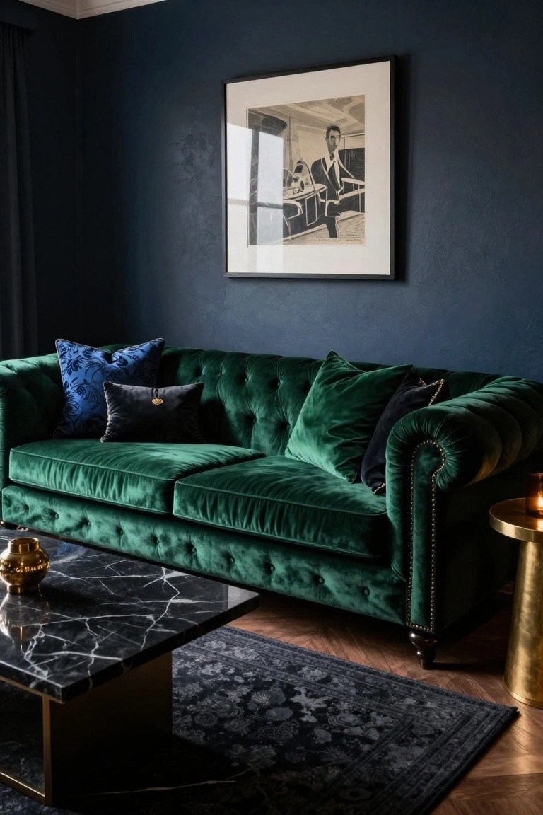 Green velvet tufted sofa with blue patterned pillows, black pillows, and green pillows in a navy-walled room next to a black marble coffee table, gold side table, and patterned rug.