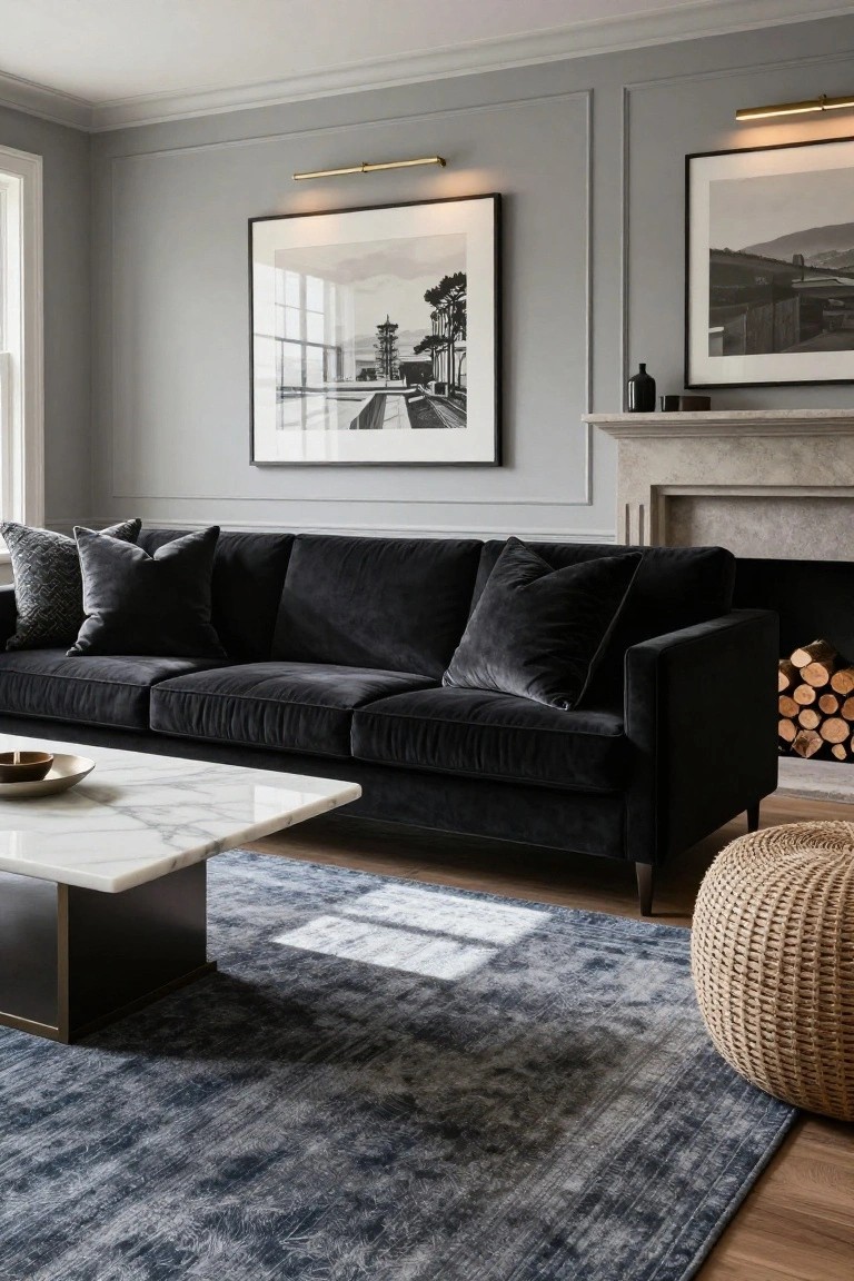 Gray-walled living room with black velvet sofa topped by black velvet pillows including one patterned, marble-top coffee table, blue-gray rug, stone fireplace with logs, and wicker stool.