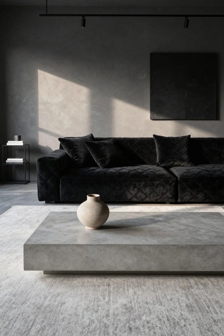 Modern living room featuring a black velvet quilted sectional sofa with matching black velvet pillows, a gray concrete coffee table holding a beige vase, a black metal side table with books and a mug, textured gray walls, black abstract artwork, and track lighting.