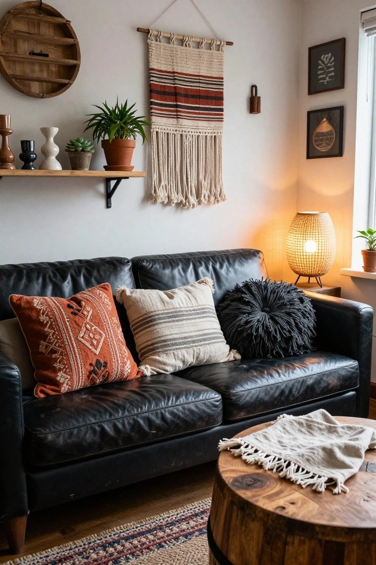 Black leather sofa with orange patterned pillows, beige striped pillows, black fluffy pillow, wooden shelf with plants, woven wall hanging, rattan lamp, and barrel side table in a cozy living room.
