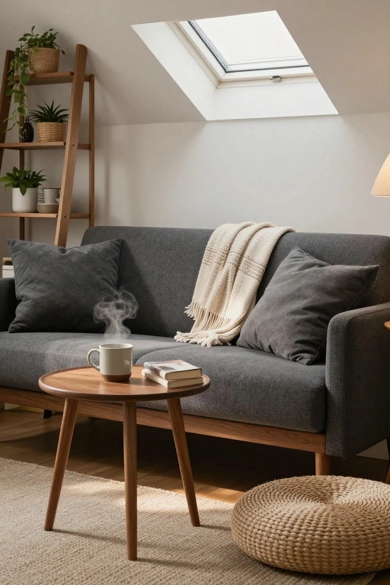 Dark gray sofa with cream knit throw blanket draped over the back and arm, dark pillows, wooden coffee table holding a white mug with steam and stacked books, plants on wooden ladder shelf, skylight in white ceiling, floor pouf nearby.