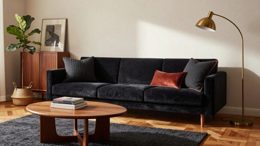 Black velvet three-seater sofa with two black knit pillows edged in orange and one rust velvet pillow, wood coffee table with stacked books, fiddle leaf fig plant, gold arc lamp, and abstract wall art in a light room with parquet flooring.