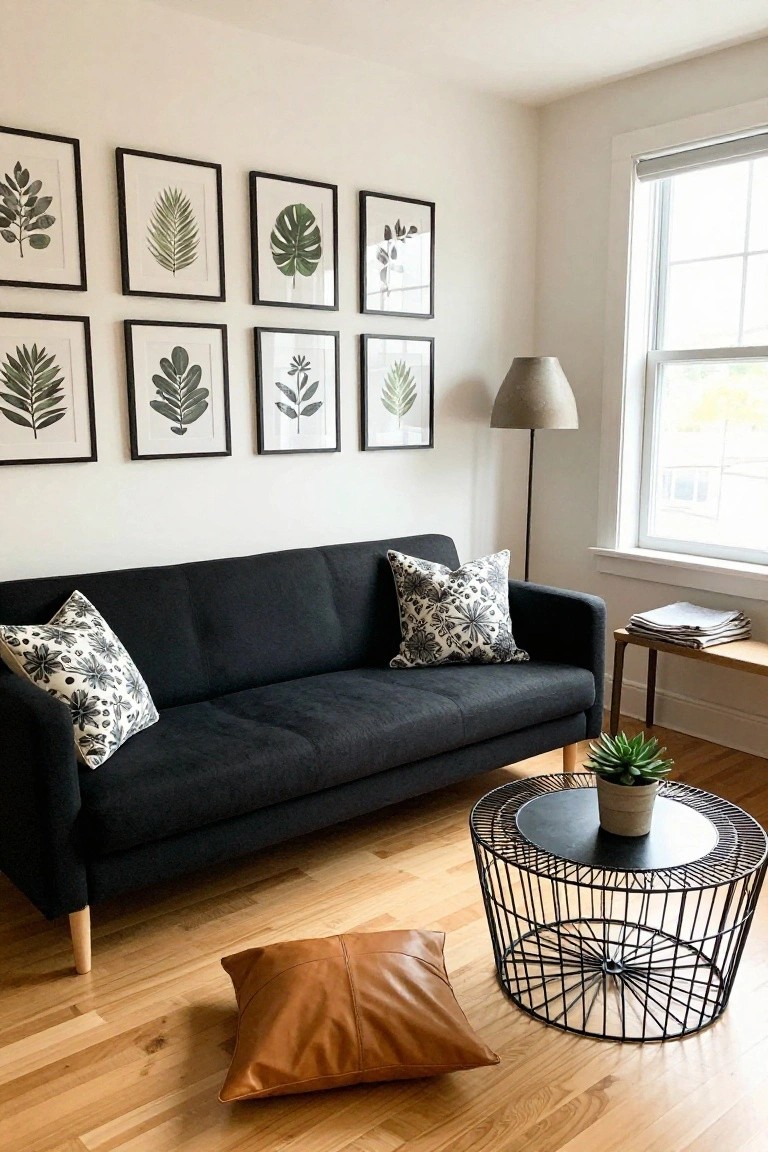 Black fabric sofa with two white throw pillows featuring floral patterns, in a white-walled room with green leaf prints in black frames on the wall, a gray lamp, wire side table holding a potted succulent, leather floor pillow, and hardwood floors.
