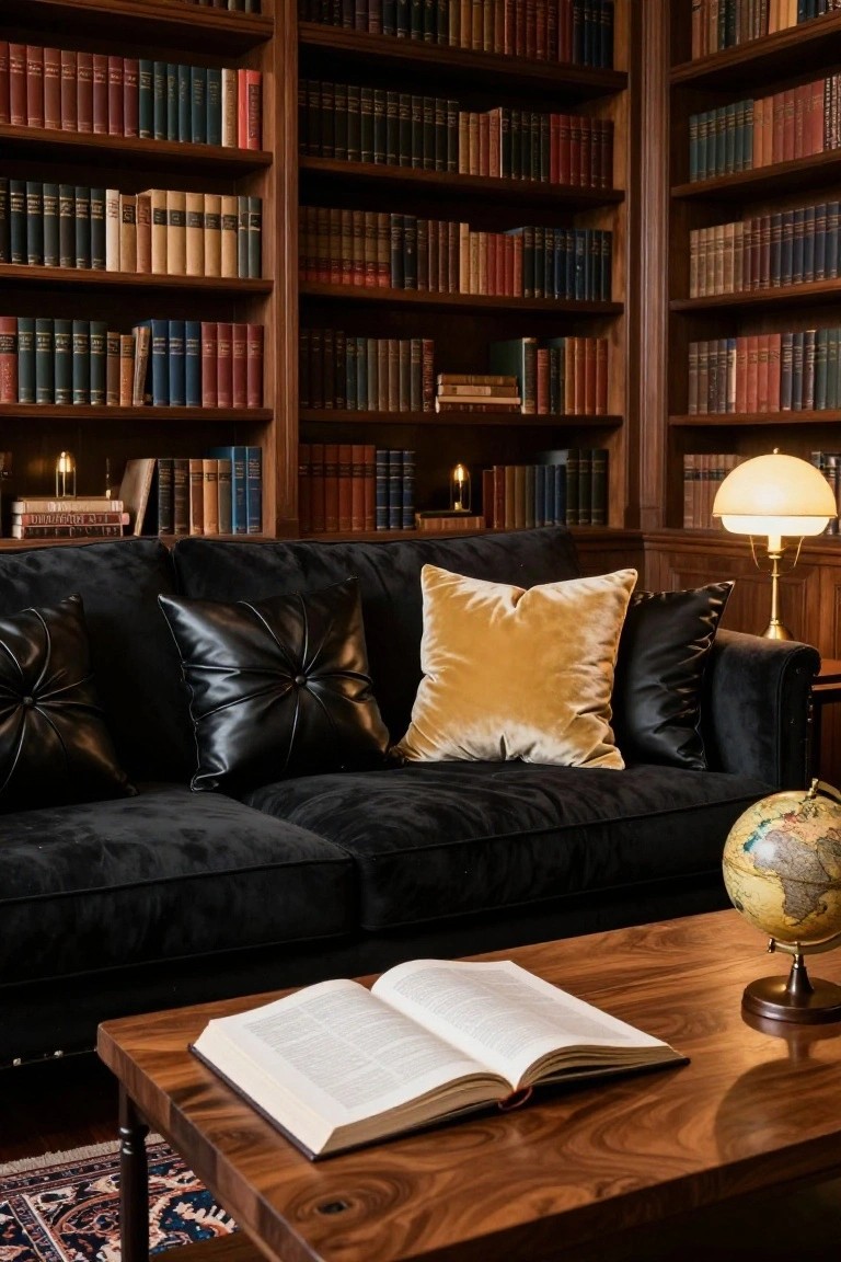 A black velvet sofa with black leather pillows and one yellow velvet pillow sits in a dark wood-paneled library with floor-to-ceiling bookshelves, a wooden coffee table holding an open book and globe, and a brass lamp nearby.