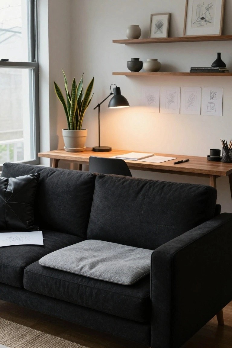 Black fabric sofa with a light gray rectangular pillow and white paper on it, next to a wooden desk in a room with shelves, ceramics, plants, and a window.