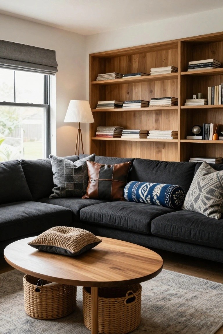 Modern living room with L-shaped dark gray sofa covered in assorted throw pillows including gray checkered, leather patchwork, navy patterned bolster, and geometric ones, wooden built-in bookshelves filled with books, round wooden coffee table with woven baskets underneath, tripod floor lamp, and window with gray roman shade.
