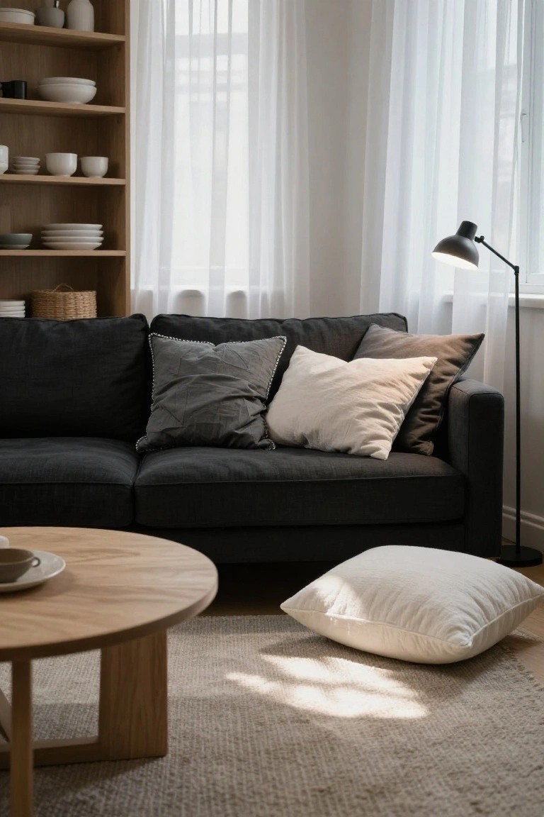 A black sofa with layered gray and white throw pillows in a sunlit living room featuring wooden open shelves stocked with ceramics, a round oak coffee table, sheer curtains, and a floor pillow nearby.