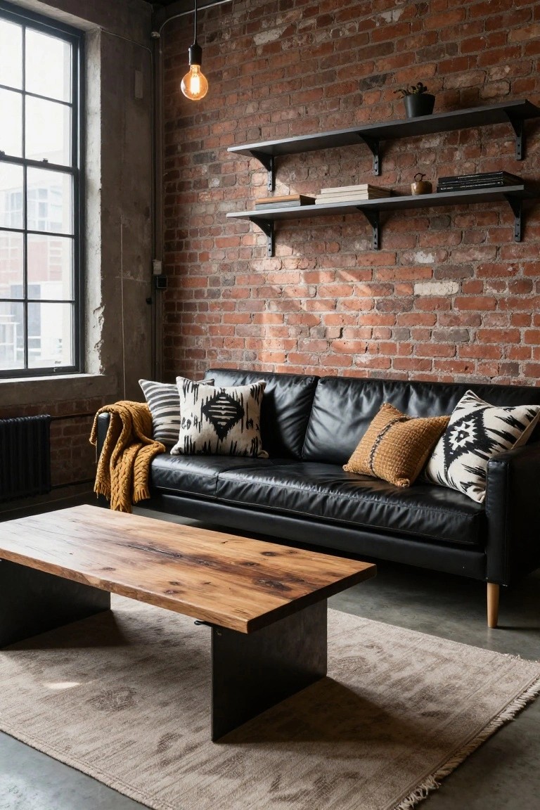 Industrial living room with exposed brick walls, black leather sofa topped with black-and-white geometric pillows and mustard knit pillows, wooden coffee table, floating shelves, and pendant light.