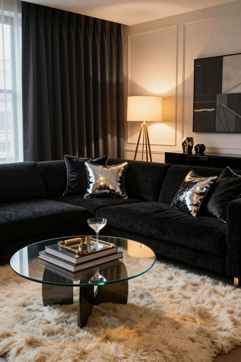 Modern living room with black velvet L-shaped sofa accented by silver sequin throw pillows, glass coffee table holding a cocktail glass, cream shag rug, and tripod floor lamp.