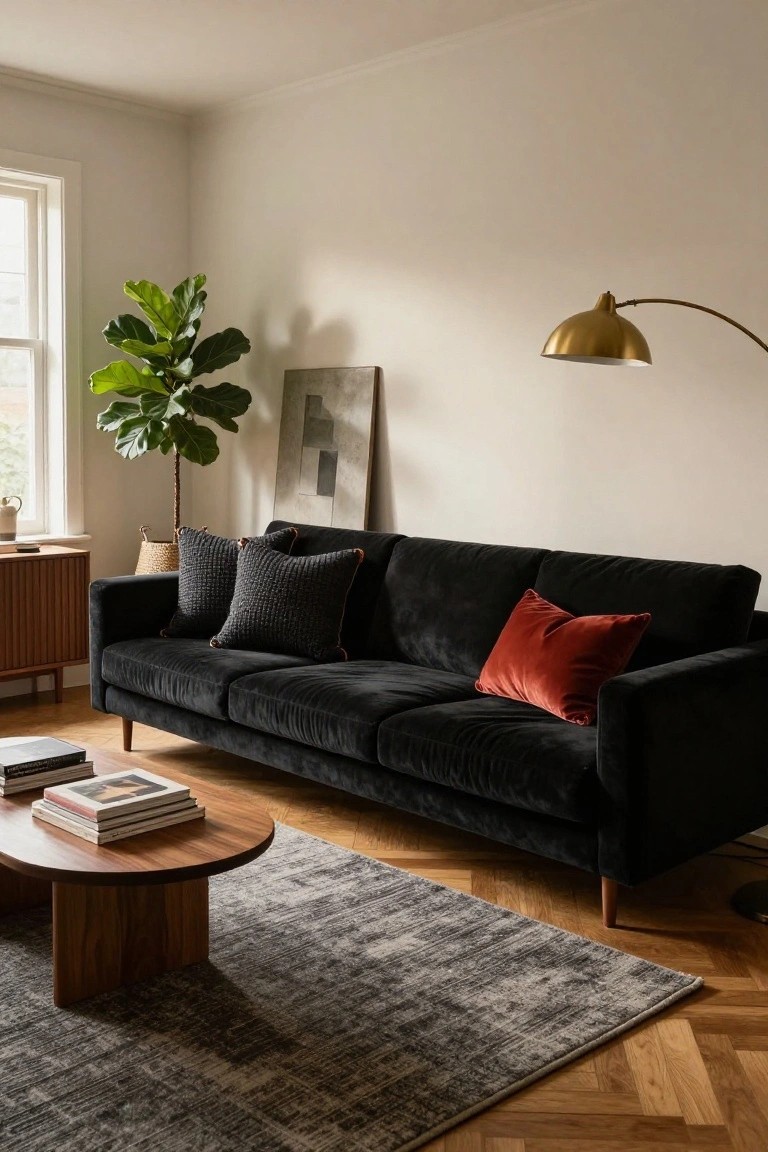 Black velvet three-seater sofa with two black knit pillows edged in orange and one rust velvet pillow, wood coffee table with stacked books, fiddle leaf fig plant, gold arc lamp, and abstract wall art in a light room with parquet flooring.