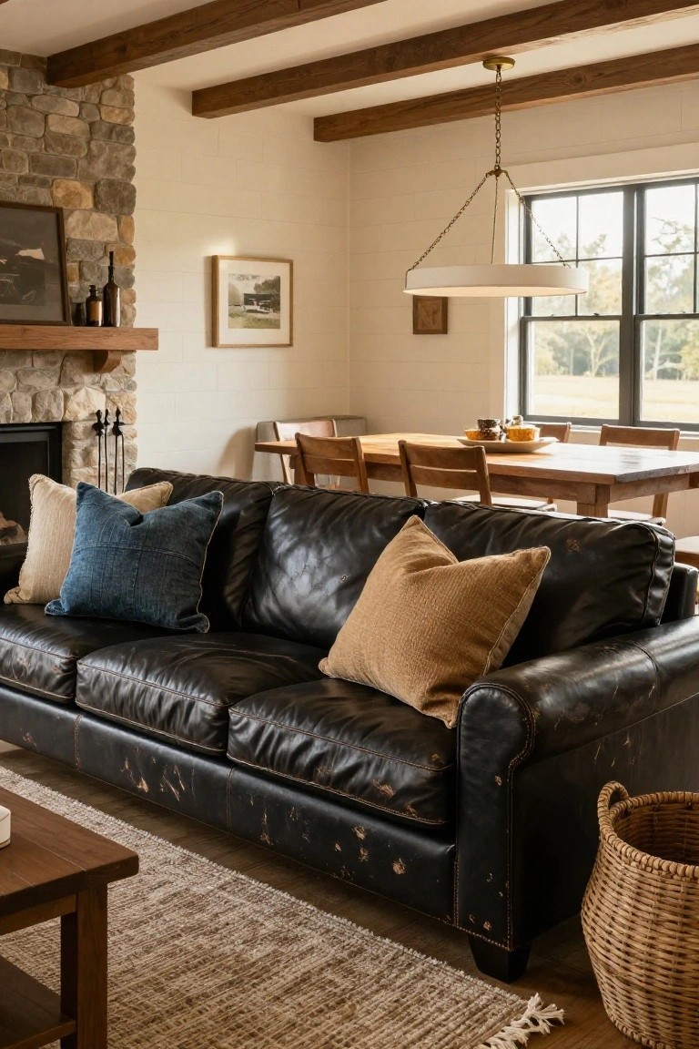 A black leather sofa with blue denim-textured and tan pillows in a living room featuring a stone fireplace, wooden coffee table, dining table, and large windows.