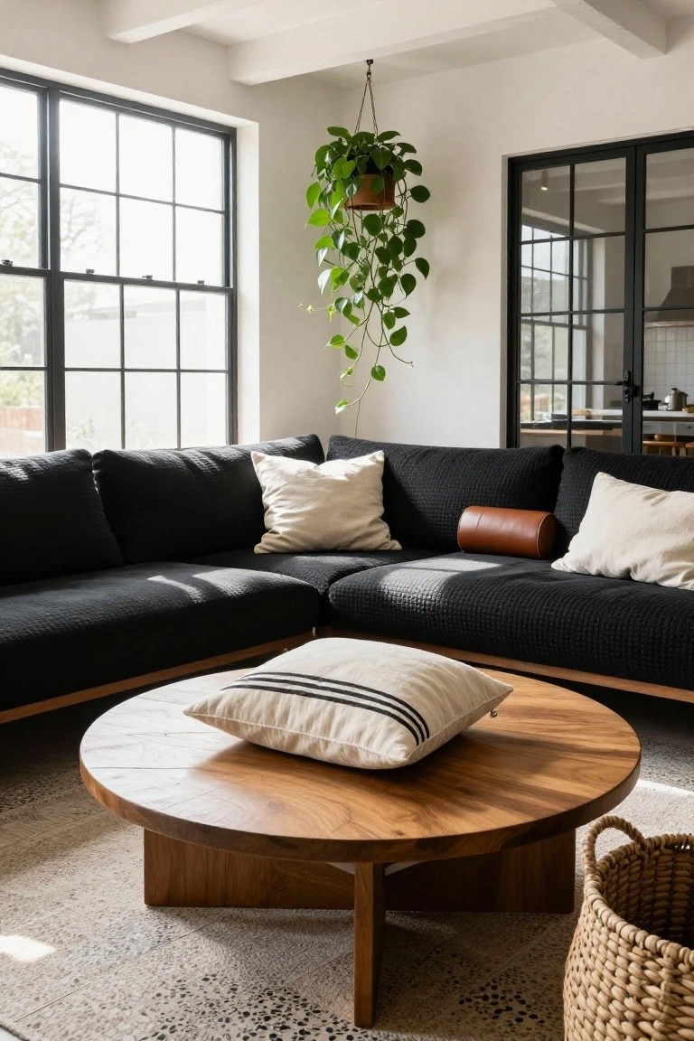 Black textured L-shaped sofa in a bright living room with white square pillows, tan leather bolster pillow, wooden coffee table holding a white pillow, hanging plant, and large black-framed windows opening to kitchen.