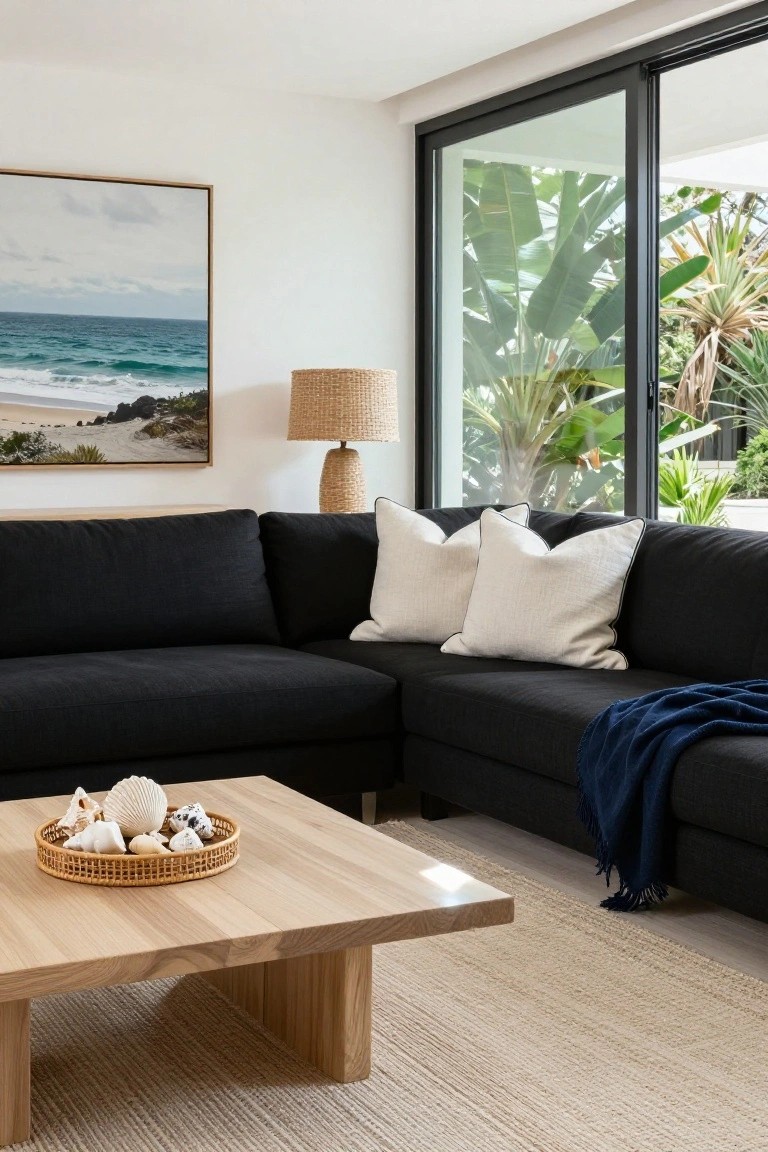 Black L-shaped sofa in a bright living room with white pillows edged in black, wooden coffee table holding a basket of seashells, rattan lamp, ocean painting on wall, and sliding glass doors to tropical garden.