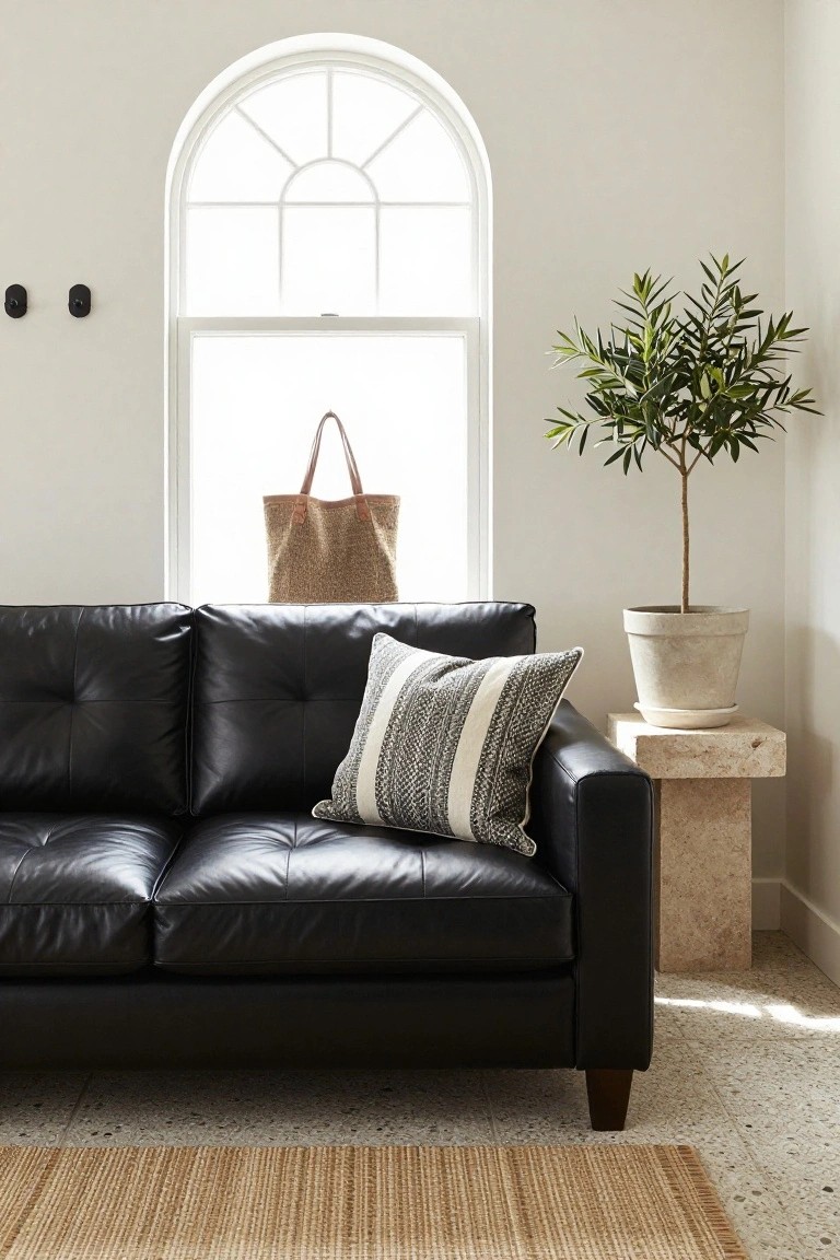 Black tufted leather sofa with a black and white woven stripe throw pillow in a beige room featuring an arched window, hanging straw bag, olive tree in terracotta pot on stone pedestal, and seagrass rug on terrazzo floor.