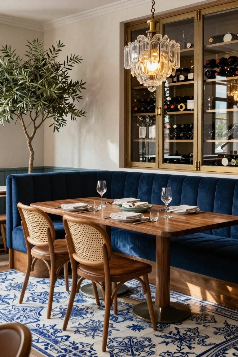 Dining nook with navy blue velvet L-shaped booth seating, rectangular wooden table set with white plates and wine glasses, two rattan chairs with leather seats, brass chandelier, glass-fronted wine cabinet, and potted olive tree against beige walls and blue rug.