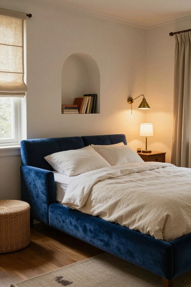 Bedroom corner with blue velvet upholstered bed frame covered in white linens, arched wall niche holding books, bedside table with lamp, window with bamboo shade, and wicker stool on wood floor.