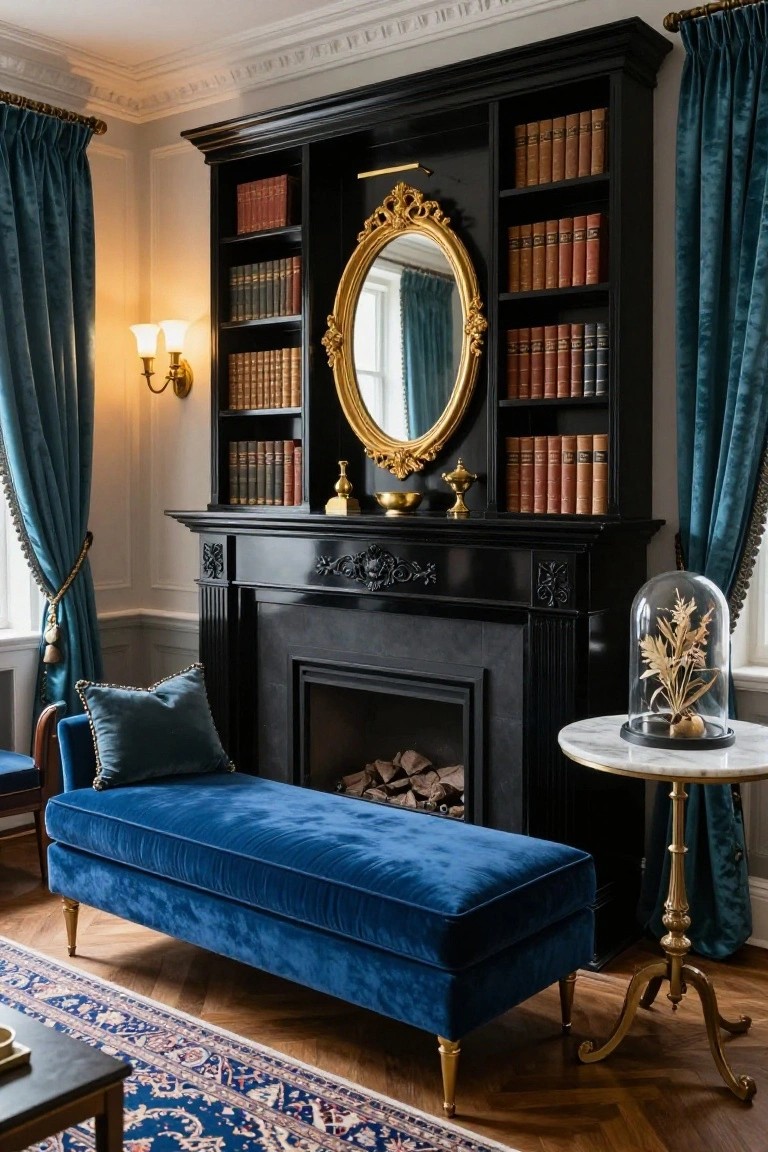 Blue velvet chaise lounge in front of a black fireplace and flanked by tall black bookshelves with books, gold mirror, and blue curtains in an elegant interior room.