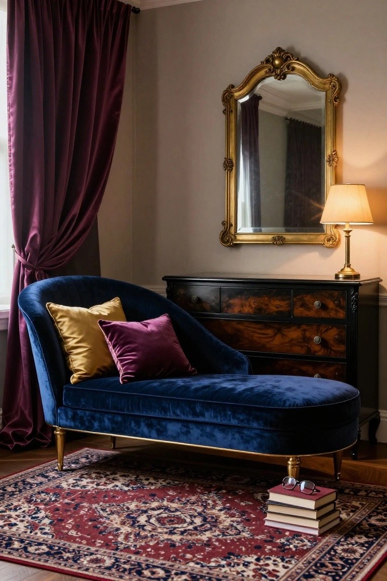 Blue velvet chaise lounge in a corner beside a black wood dresser, with yellow and purple pillows, purple curtains, gold-framed mirror, table lamp, and red Persian rug on wood floor.