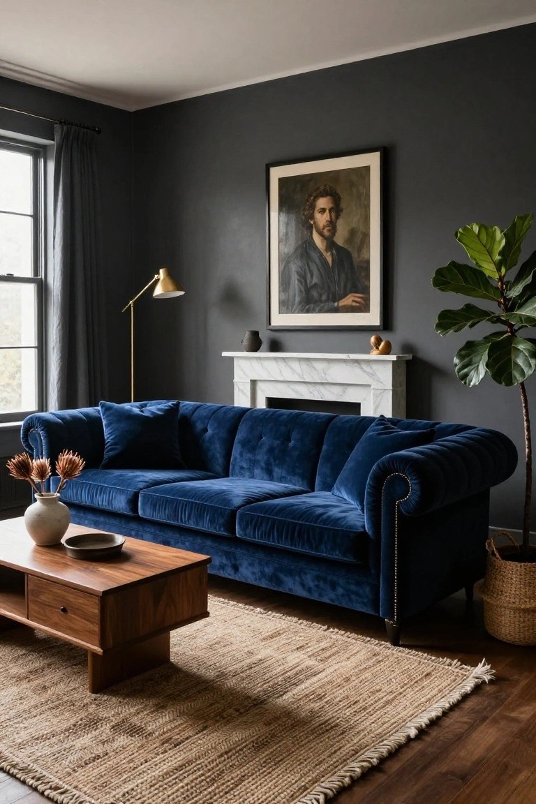 A navy blue velvet tufted Chesterfield sofa in a living room with dark gray walls, white marble fireplace, wooden coffee table, seagrass rug, fiddle leaf fig plant, and portrait painting above the mantel.