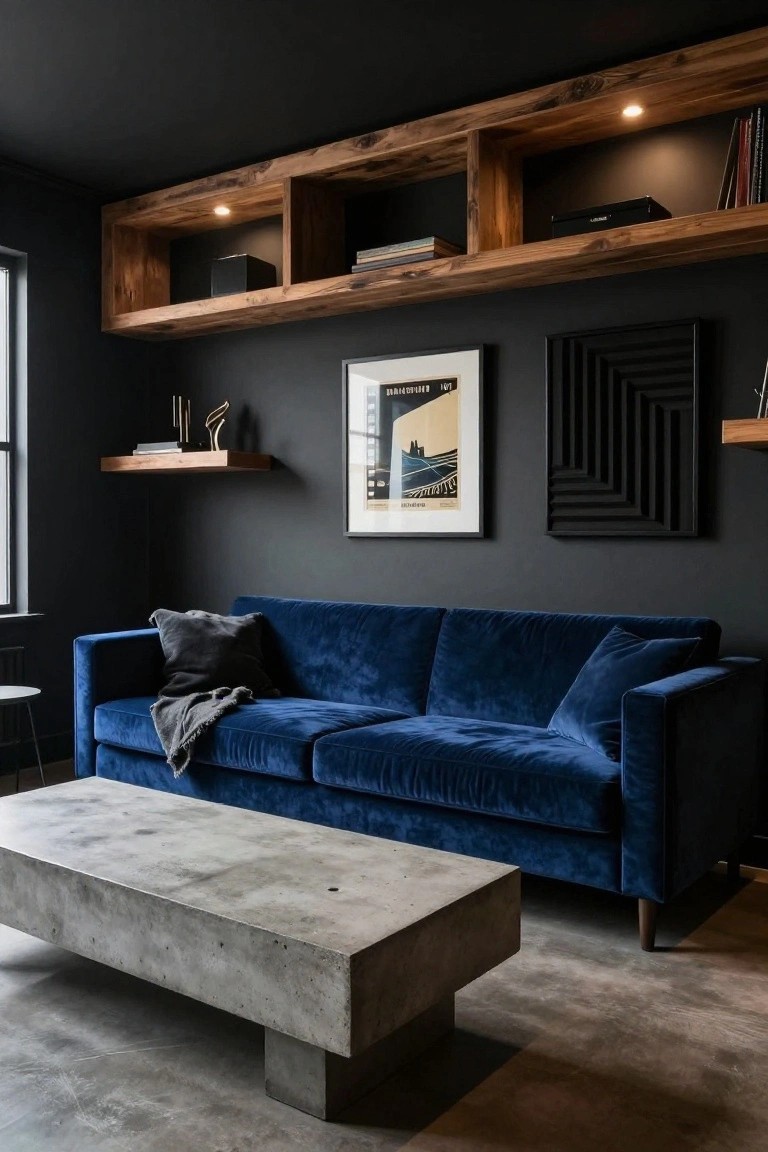 Dark gray living room with blue velvet sofa, gray throw pillows and blanket, wooden floating shelves, abstract wall art, brass desk lamp, and rectangular concrete coffee table.