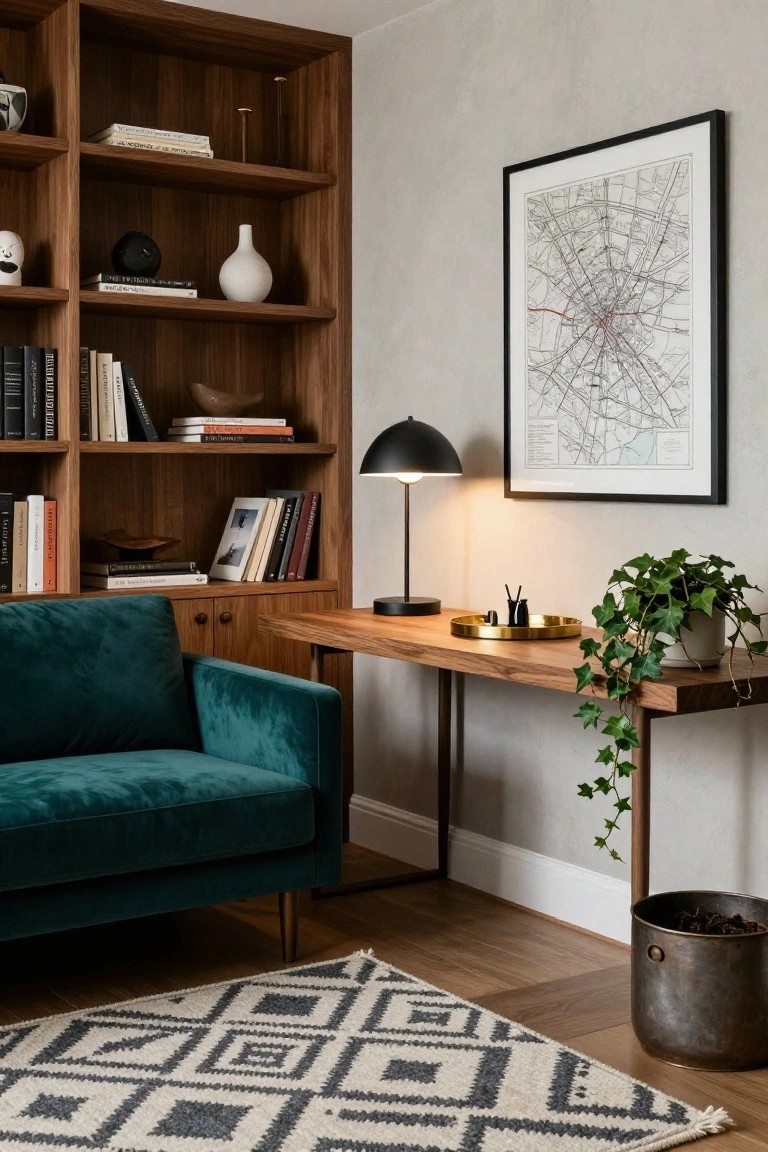 Home office corner with teal velvet two-seater sofa next to wooden desk, oak bookshelves filled with books and decor, black desk lamp, potted ivy plant, brass tray, geometric rug, and metal bucket on hardwood floor.