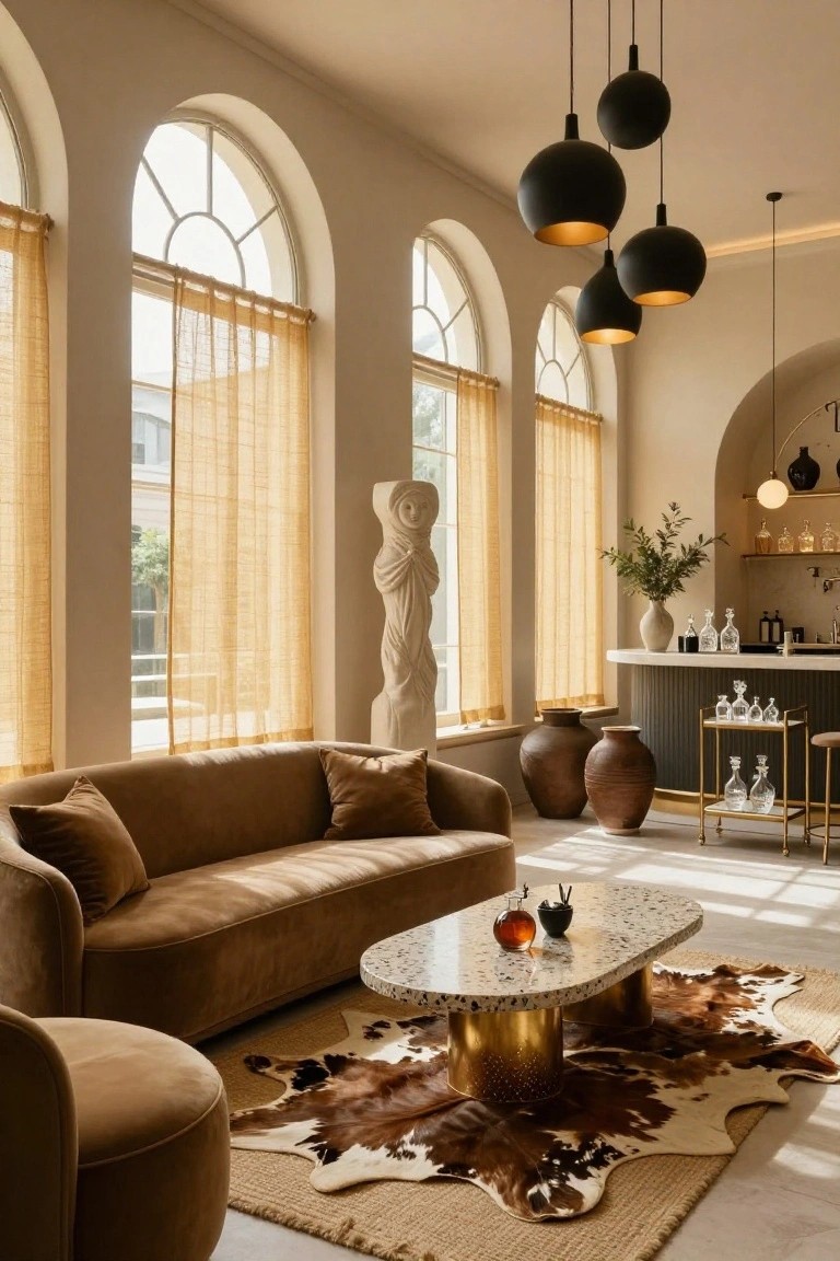 Living room interior with curved tan velvet sofa, oval white marble coffee table on gold legs, cowhide rug, pouf ottoman, large arched windows with beige sheer curtains, white draped statue, terracotta pots, and curved bar counter with glass bottles.