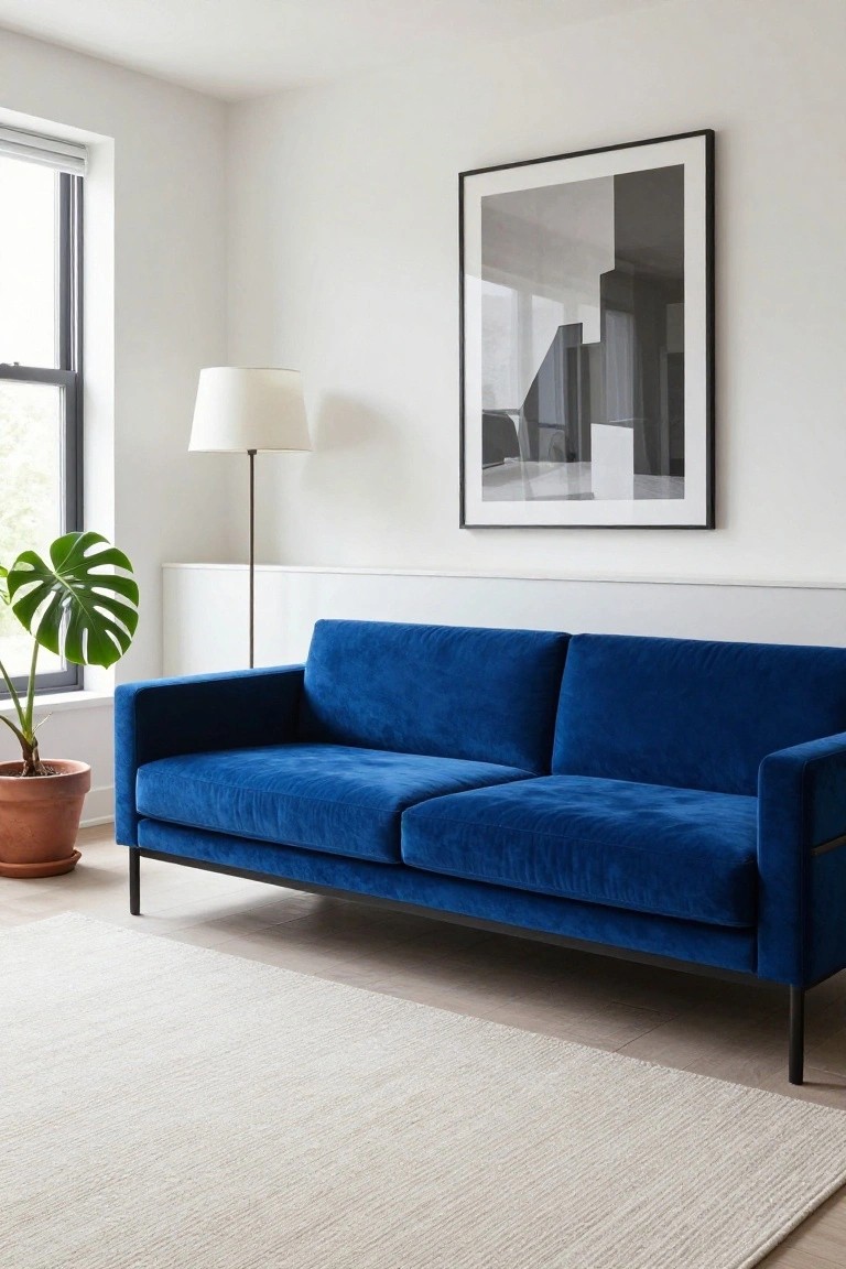 Modern living room interior with low-profile blue velvet two-seater sofa on light wood floor, white walls, floor lamp, monstera plant in terracotta pot, and large black-and-white abstract photograph on wall.