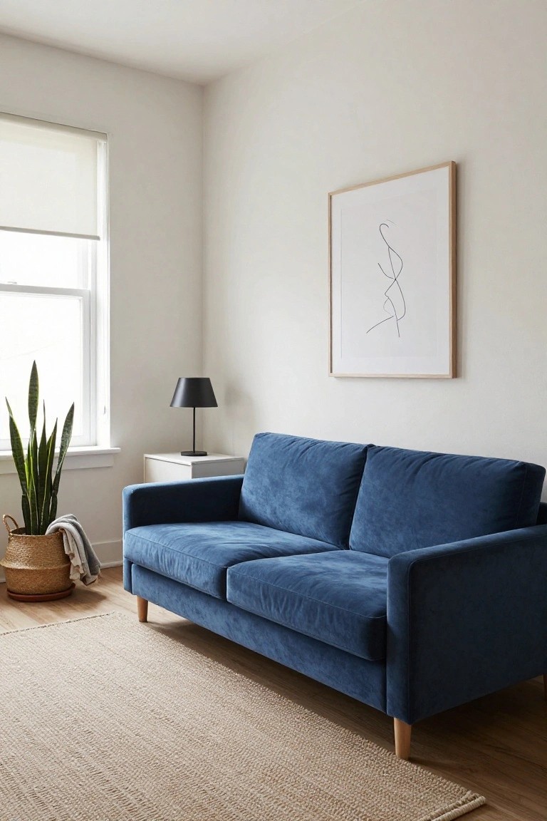 Blue velvet two-seater sofa in corner of white-walled living room with snake plant in basket, black conical lamp on white side table, abstract line drawing in oak frame on wall, roller blind window, beige rug, and light wood floor.
