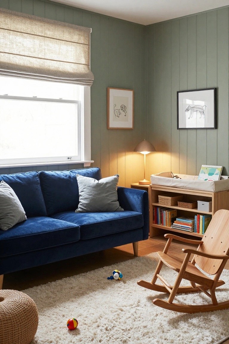 Nursery room with navy blue velvet sofa, wooden changing table on shelf unit, oak rocking chair, toys on white fluffy rug, sage green paneled walls, and window with linen roman shade.