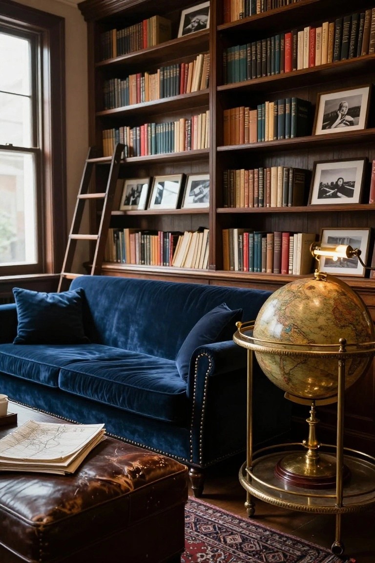 Wood-paneled library room with floor-to-ceiling bookshelves, navy blue velvet tufted sofa, wooden rolling ladder, brass globe stand next to a leather ottoman, and Persian rug on hardwood floor.