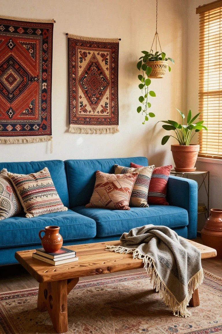 Blue velvet sofa with patterned pillows in a living room featuring wall-hung rugs, wooden coffee table, terracotta pottery, potted plants, and a hanging plant near blinds-covered windows.