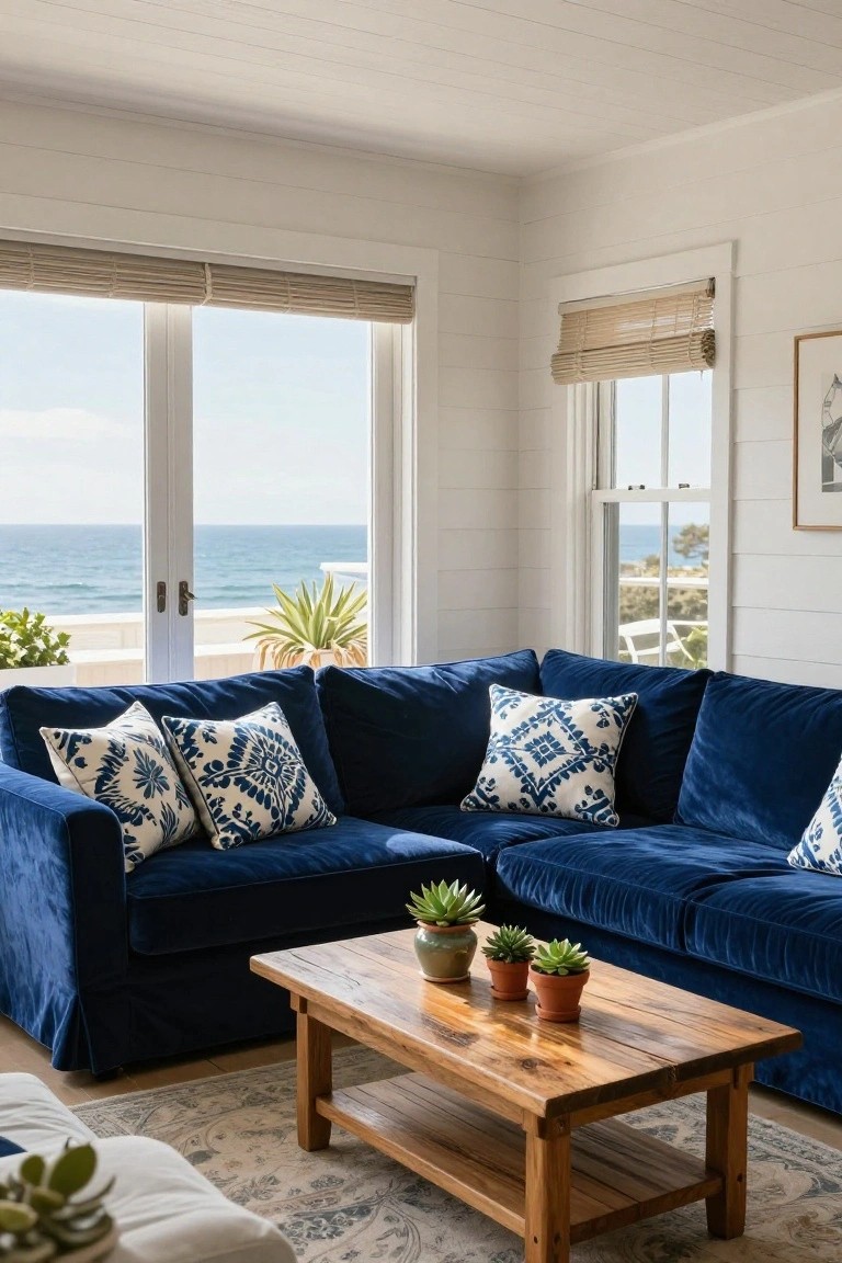 Corner living room with navy blue velvet L-shaped sofa piled with white and blue patterned pillows, low wooden coffee table holding potted succulents, white shiplap walls, bamboo blinds on large windows showing ocean view.